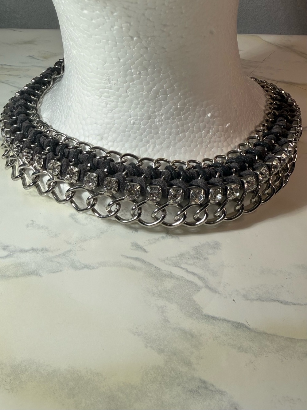 Premier Designs Choker Necklace Silver Tone Links Black Suede Ribbon Rhinestones